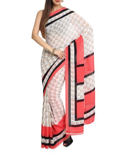 Printed Contemporary Chiffon White Saree With Blouse Piece