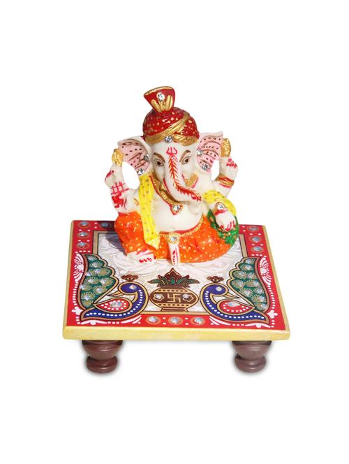 Marble Pooja Chowki and Resin Pagri Ganesha With Kalash Design Chowki - 9779209 - Very Small Image - 1