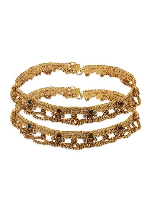 Pair Of Yellow Gold Plated Anklet With Cz, Green And Red Stone - Voylla