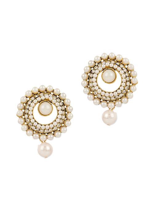 Pair Of Gold Plated Stud Earrings Decorated With Shiny CZ And Pearls - Voylla