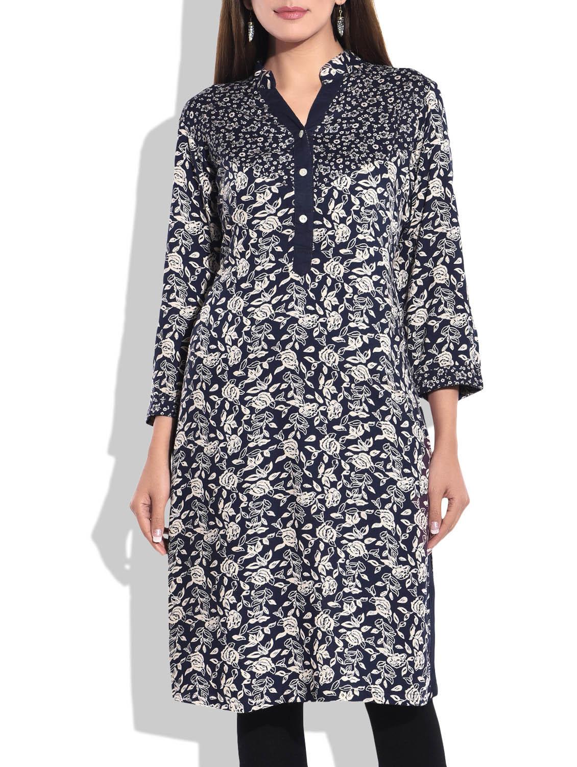 Navy Blue & Beige Printed Cotton Kurta - By