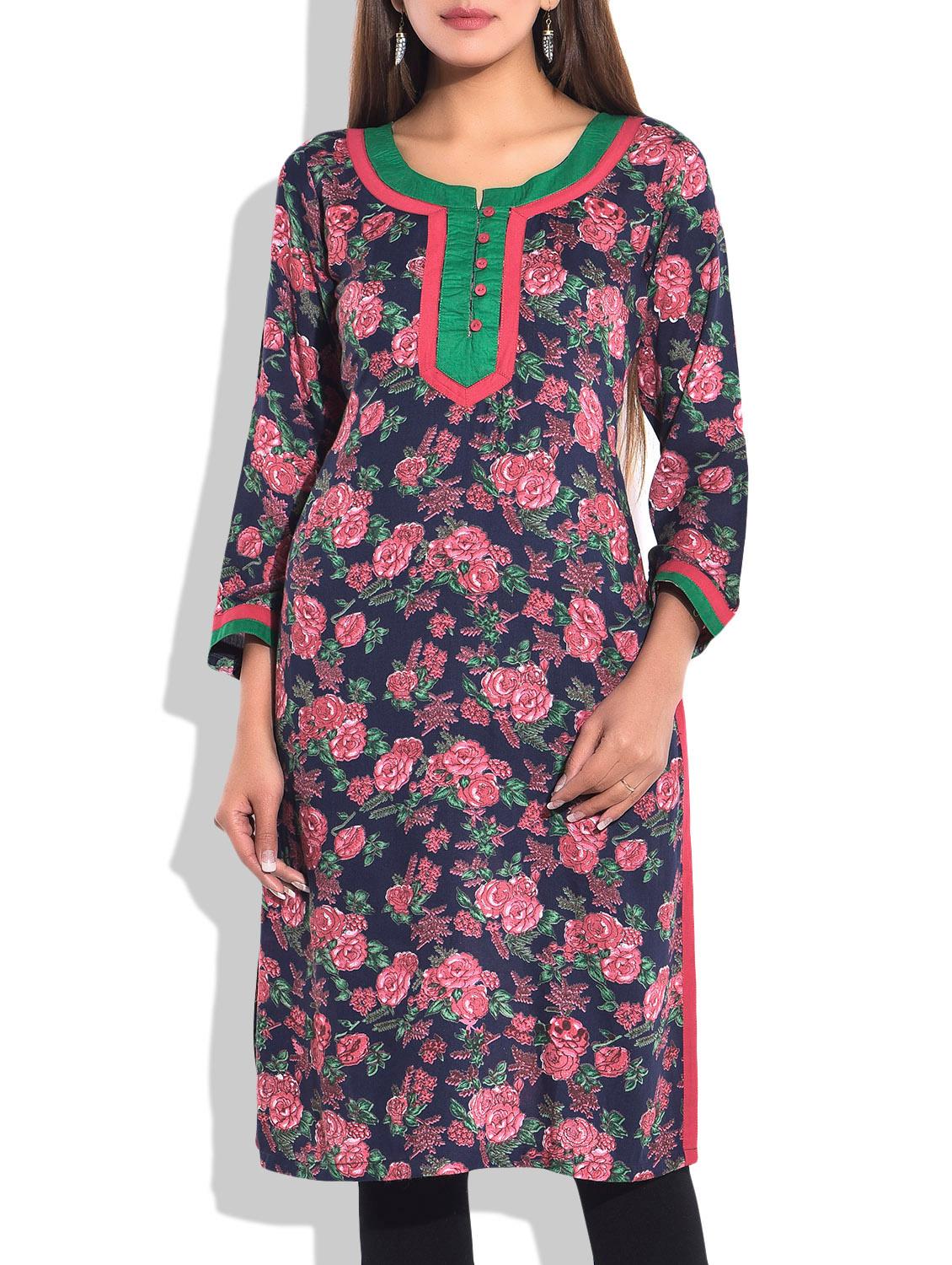 Navy Blue & Red Printed Cotton Kurta - By