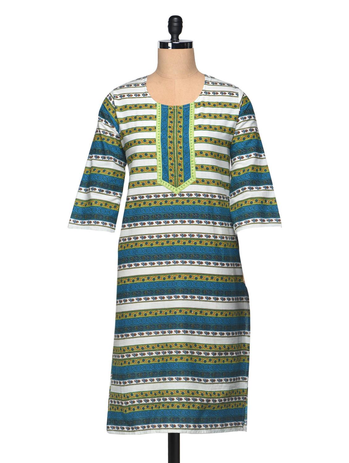 Printed Round Neck Three Quarter Sleeve Cotton Kurta - Enakshi