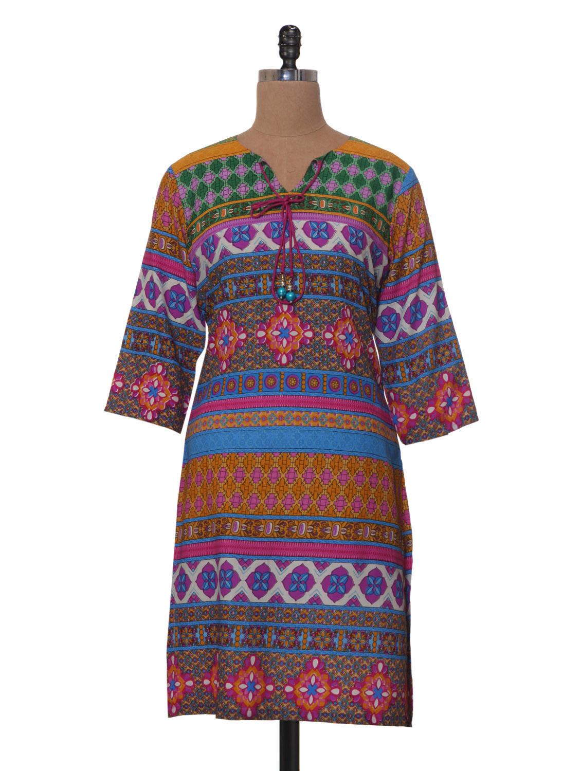 Casual Printed Three-quarter Sleeved Cotton Kurta - Tissu