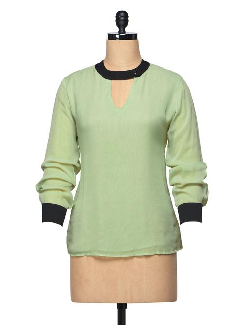 Lime Green Round Neck Long Sleeve Georgette Top - BLUEBERY D C