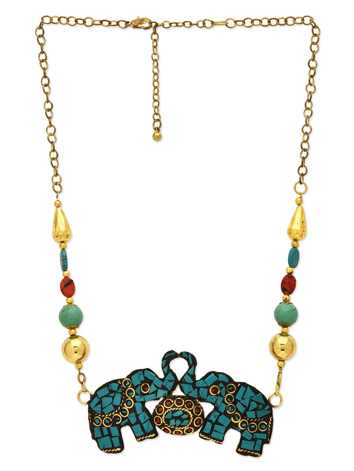 Turquoise, Gold Beads, Brass, Stones, Marble, Resin Long Necklace - By