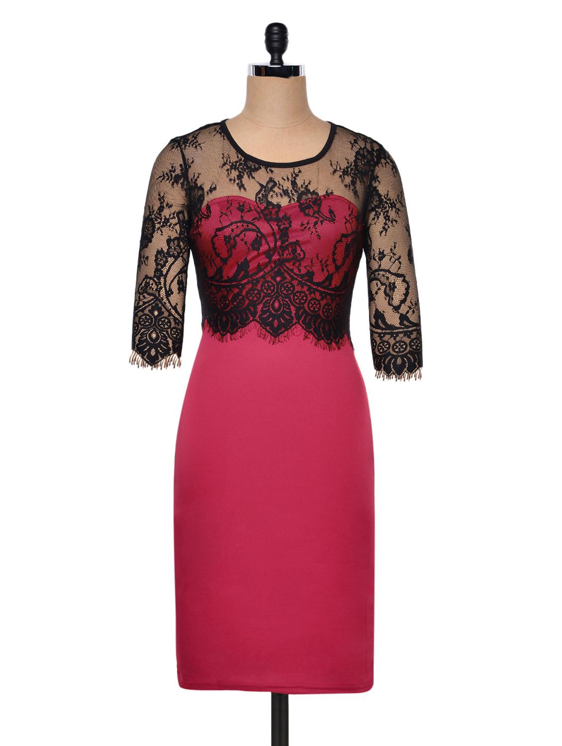 Red Bodycon Dress With Lace Overlay - Ruby