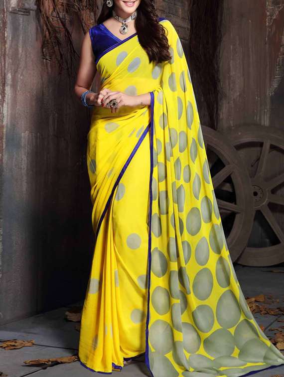 yellow georgette printed saree with blouse