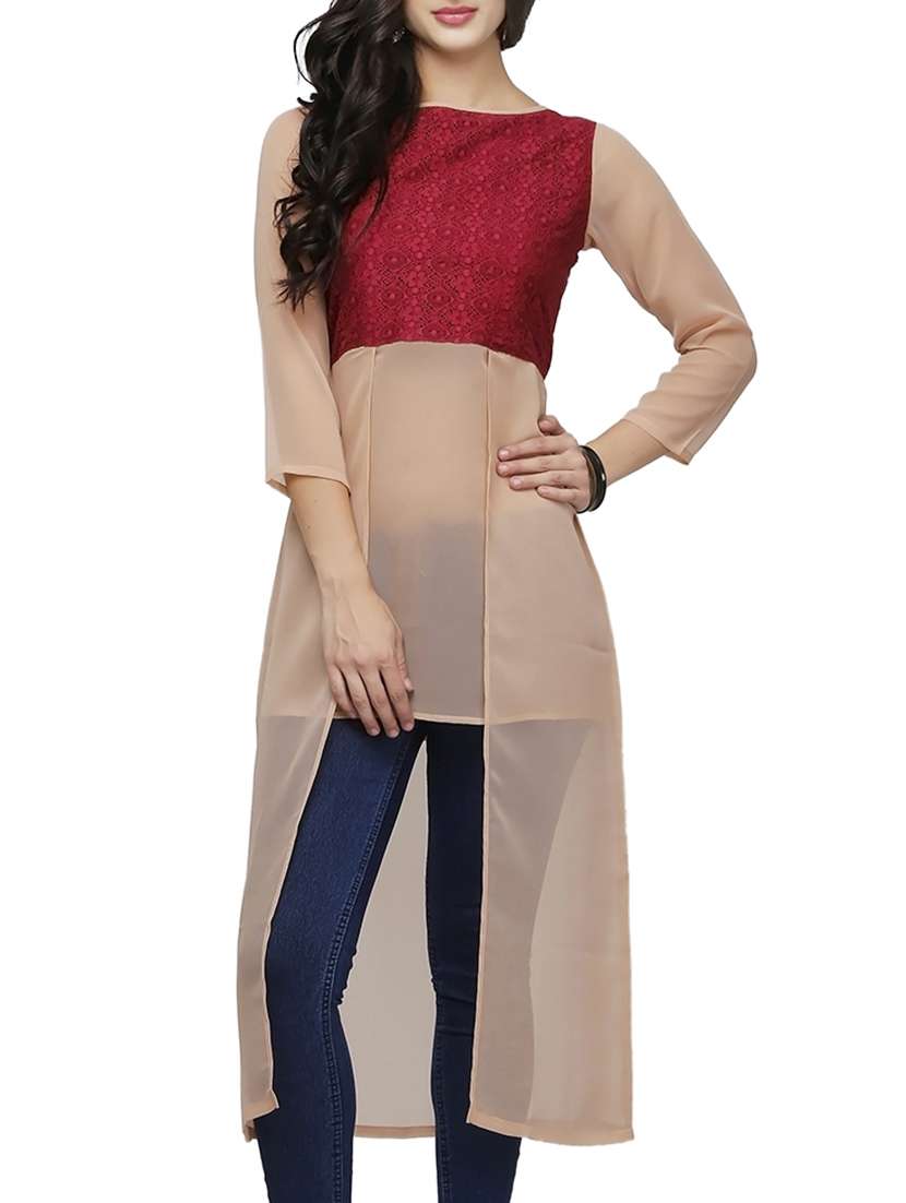 maroon & beige cotton high-low kurta