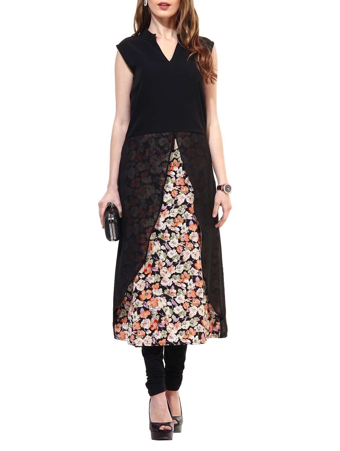 black georgette printed a-line kurta