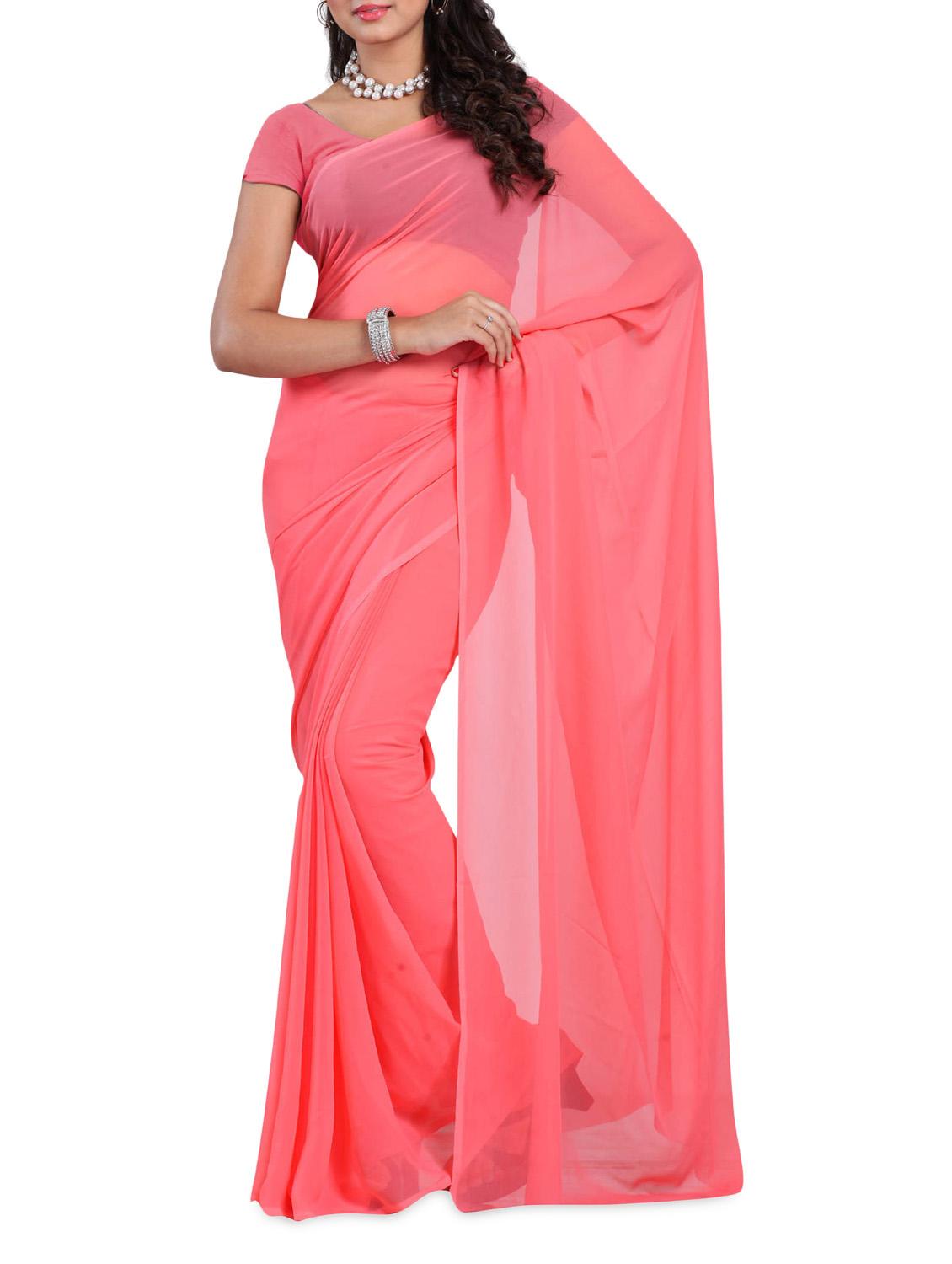Peachy Pink Plain Georgette Saree - Ambaji