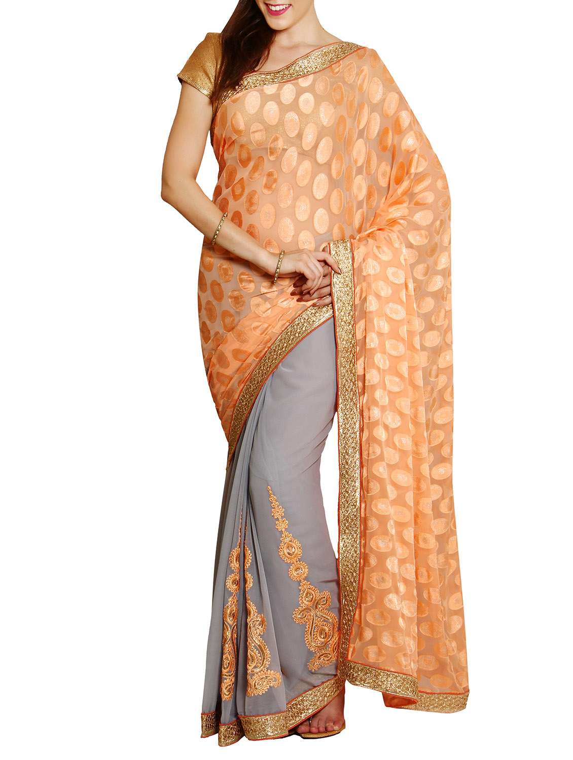 orange & grey chiffon saree