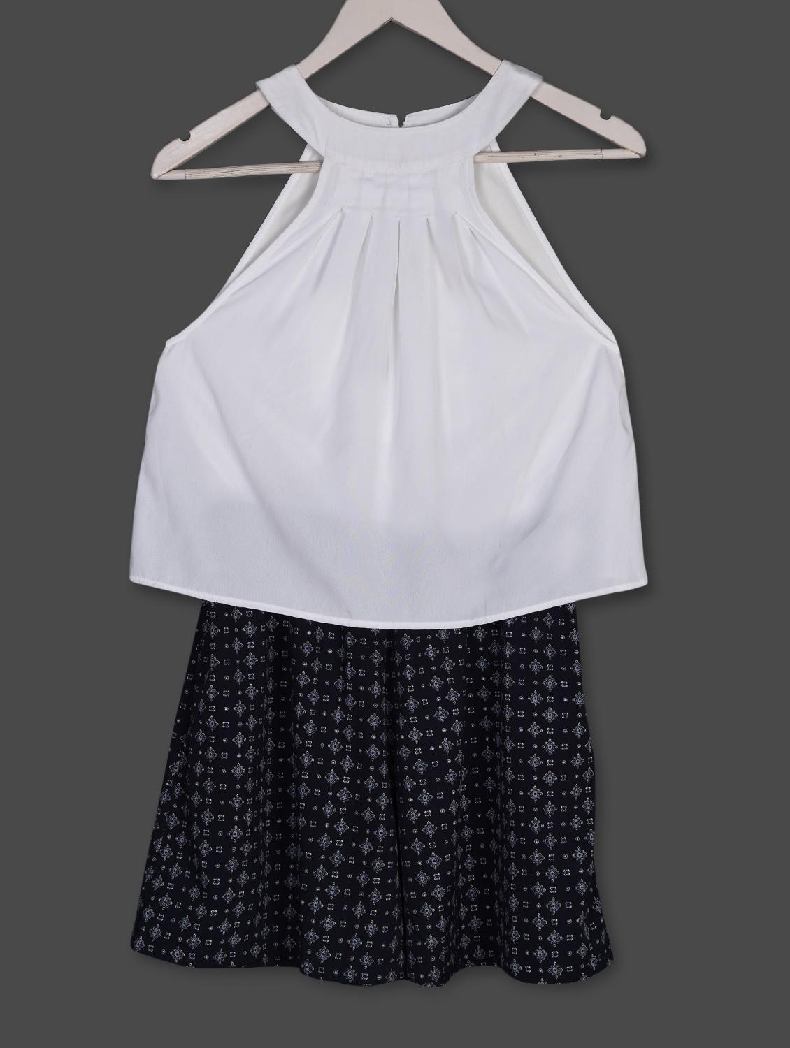 White & Blue Printed Crepe Dress - Ridress