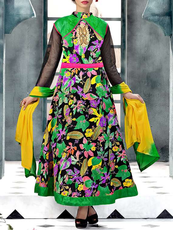 multi colored banglori silk semistitched suit