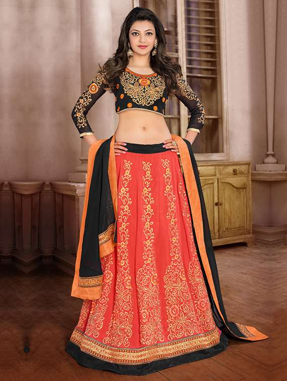 pink and orange chiffon lehenga