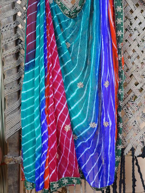Multi Color Lehariya Hand Work Saree - Lazza