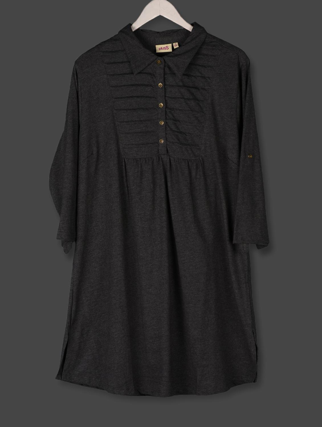 Anthracite Grey Shirt Collar Cotton Top - PLUSS