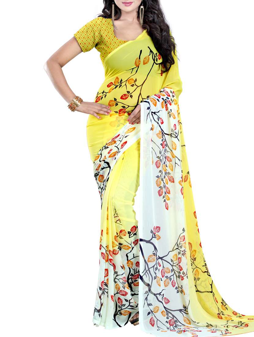yellow georgette printed saree with blouse