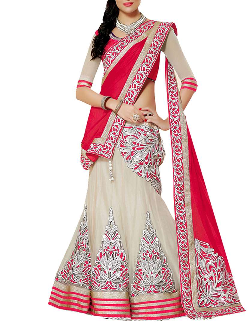 beige & red georgette flared lehenga