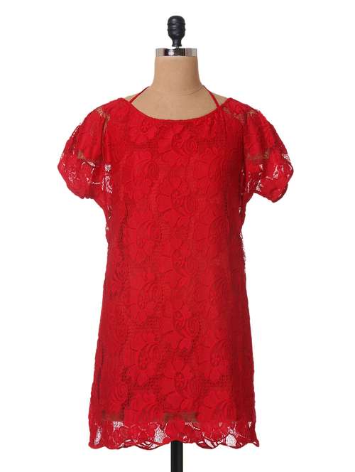 red color plain solid lace dress - 1031518 - Standard Image - 0