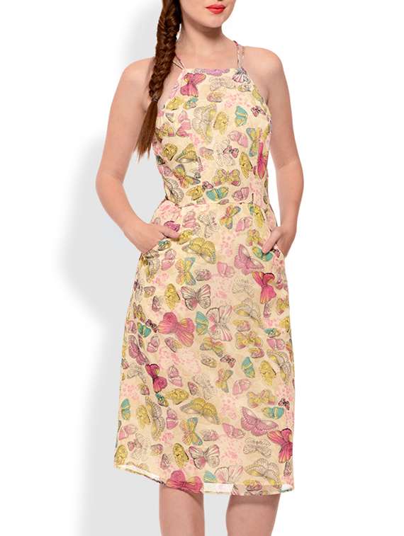 Buy online Butterfly Print Noodle Strap Dress from western