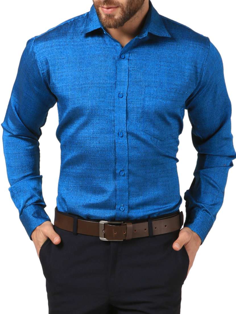 Buy online Royal Blue Pure Khadi Silk Formal Shirt from shirts for