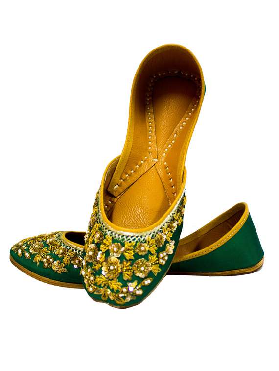 coral haze bottle green embroidered and sequined silk handcrafted jutis