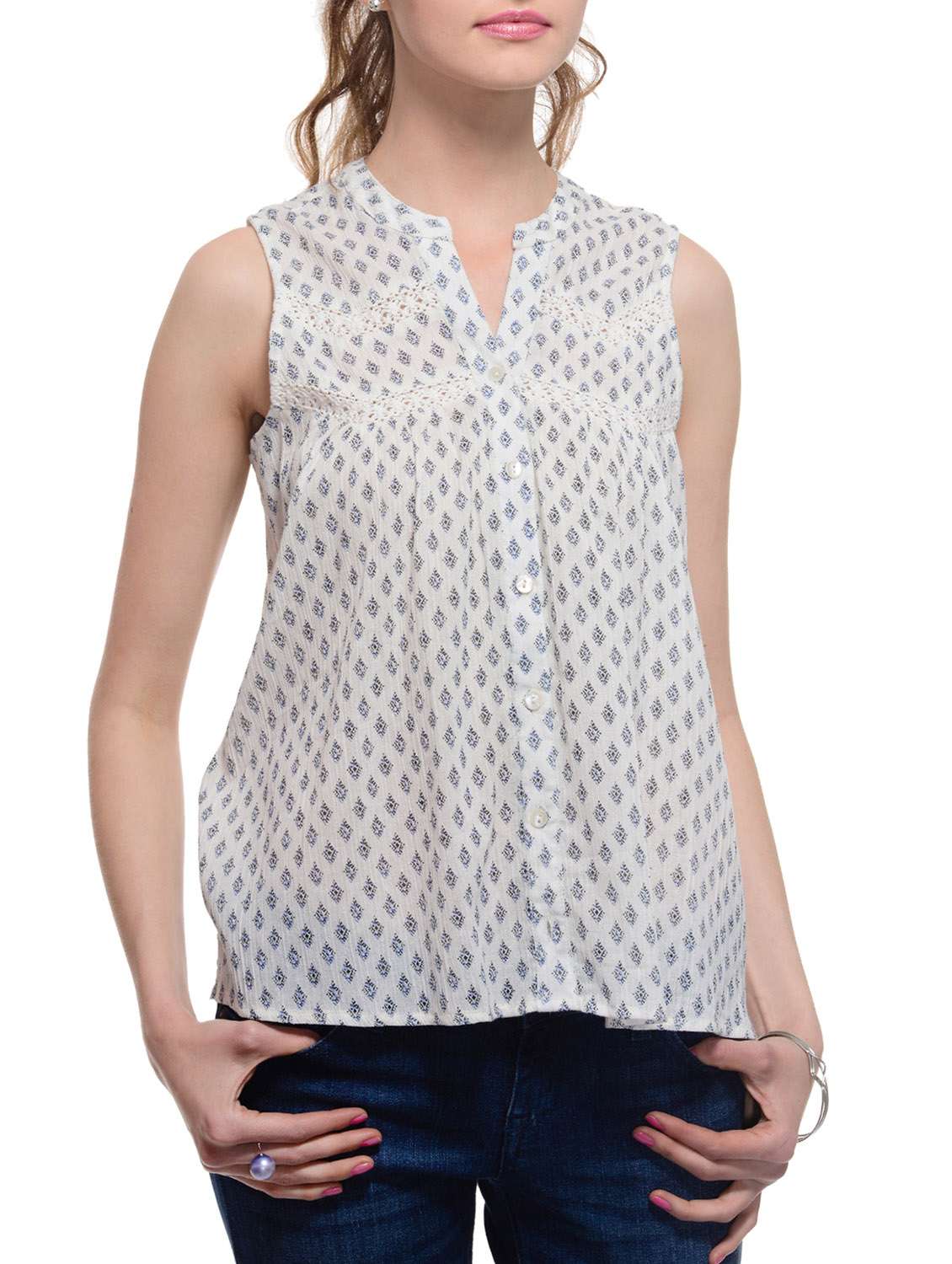 a luv ya  printed cotton crepe lace yoke top