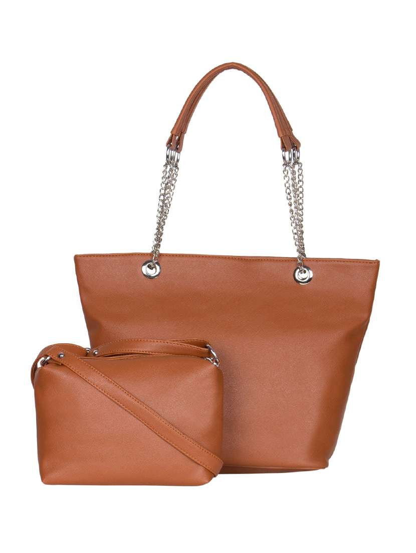 tan leatherette handbag and pouch combo