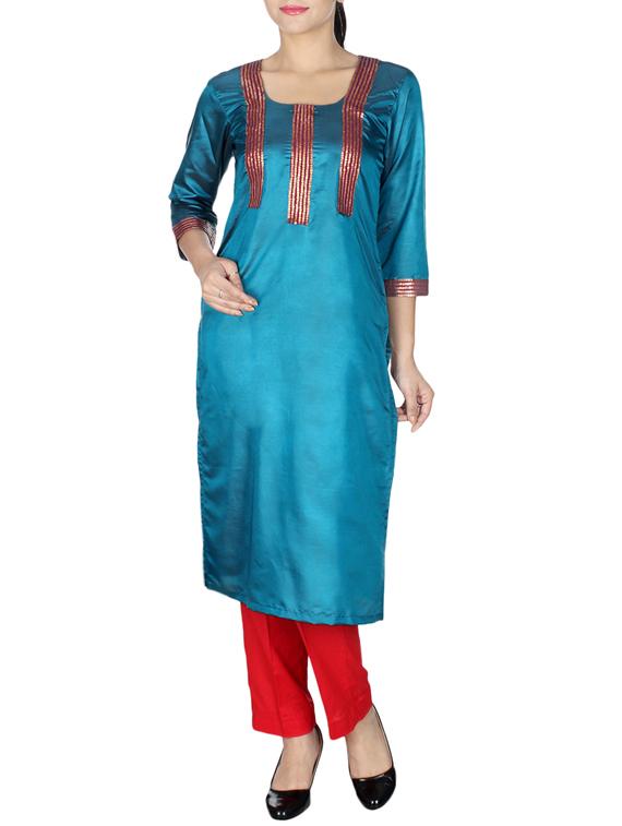 blue chanderi straight kurta - 10458748 - Zoom Image - 0