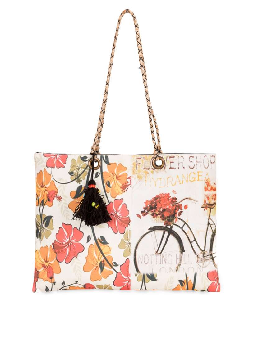 floral printed cotton canvas tote bag