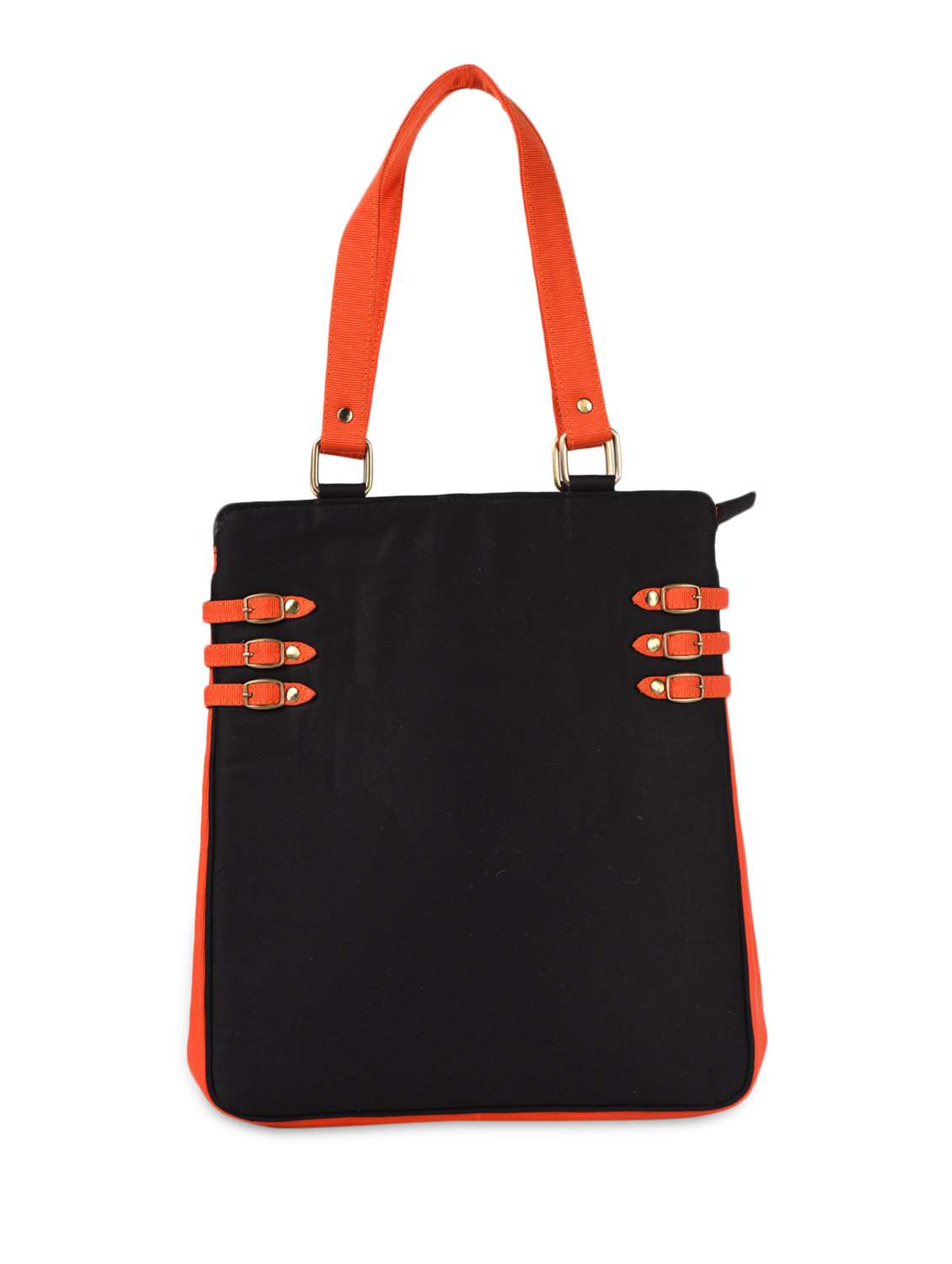 black -orange buckle trim cotton handbag