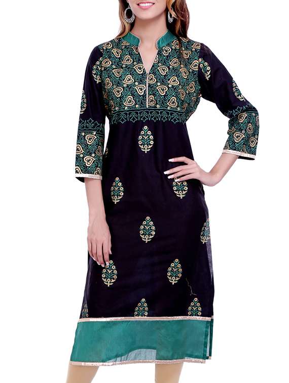 black block printed cotton kurta