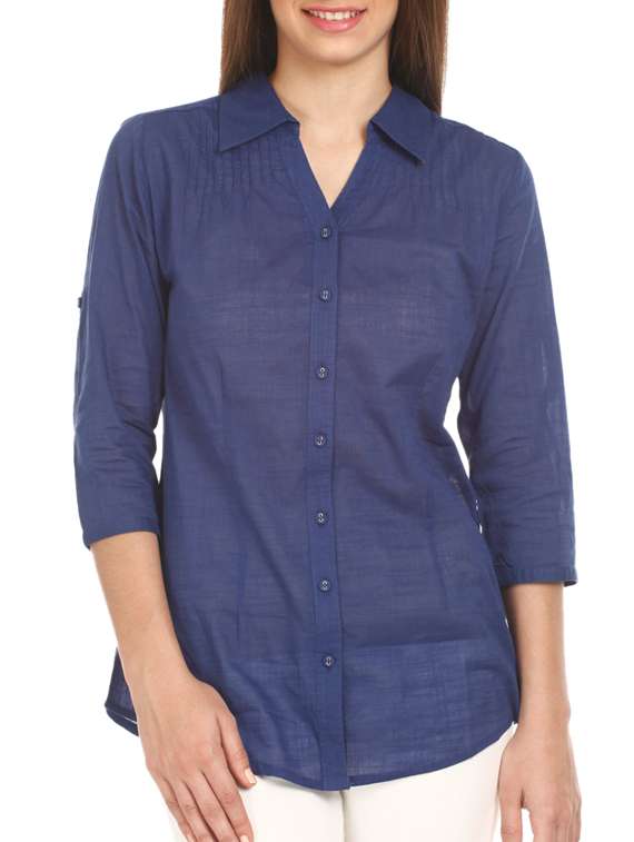 dark blue three- fourth sleeves cotton shirt