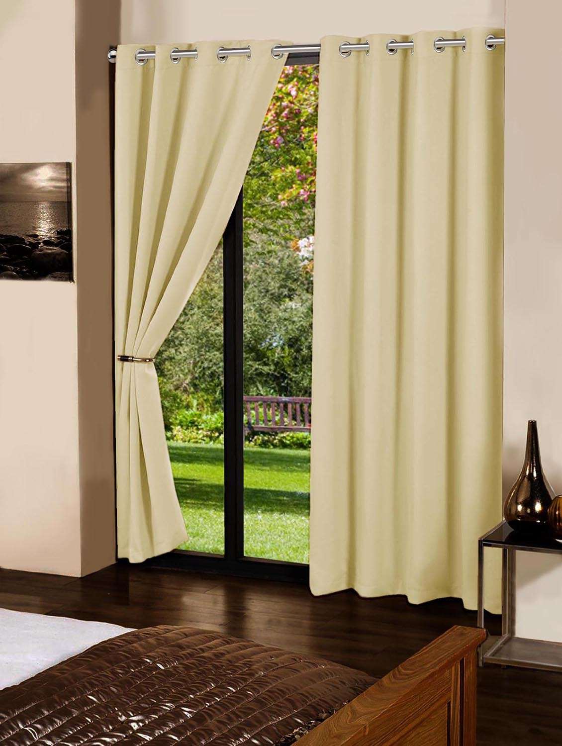 lushomes ecru plain cotton curtains with 8 eyelets & plain tiebacks for door