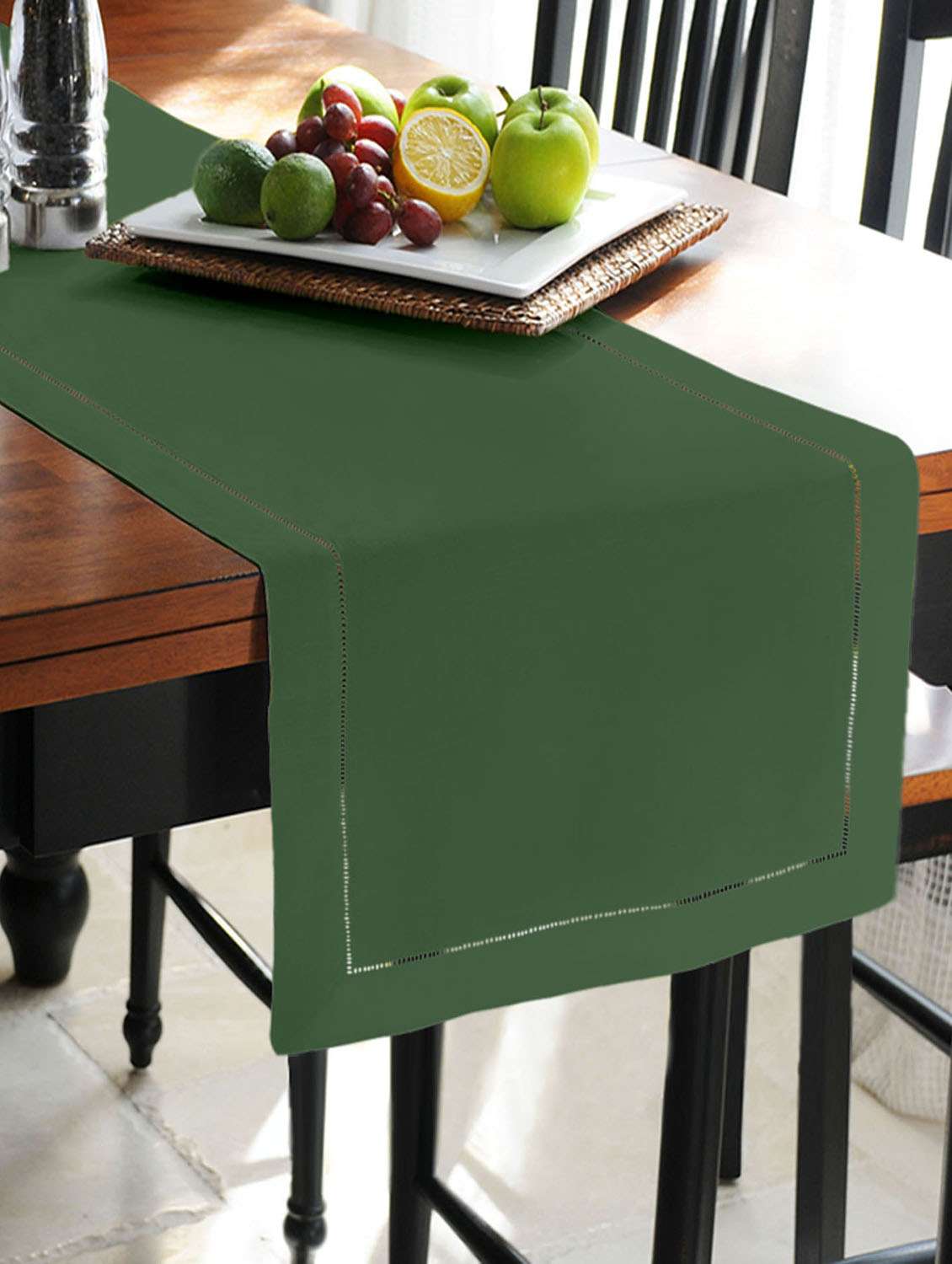 lushomes vineyard green unidyed holestitch runner with 3 cms hemmed (double border) holestitch on all 4 sides