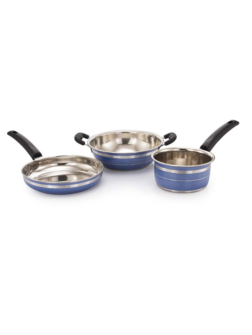 induction lpg compatible kadai frypan and saucepan blue set of 3 pcs