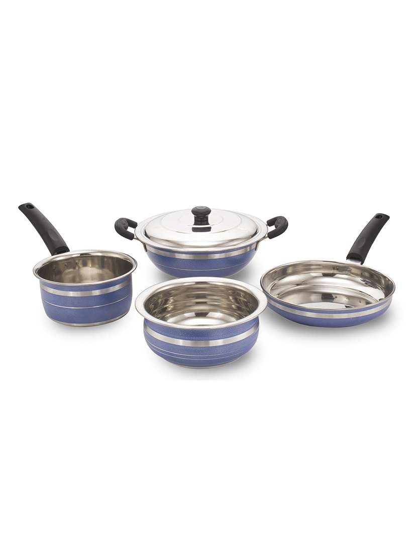 induction and lpg compatible kadai with lid frypan saucepan and handi blue set of 5 pcs