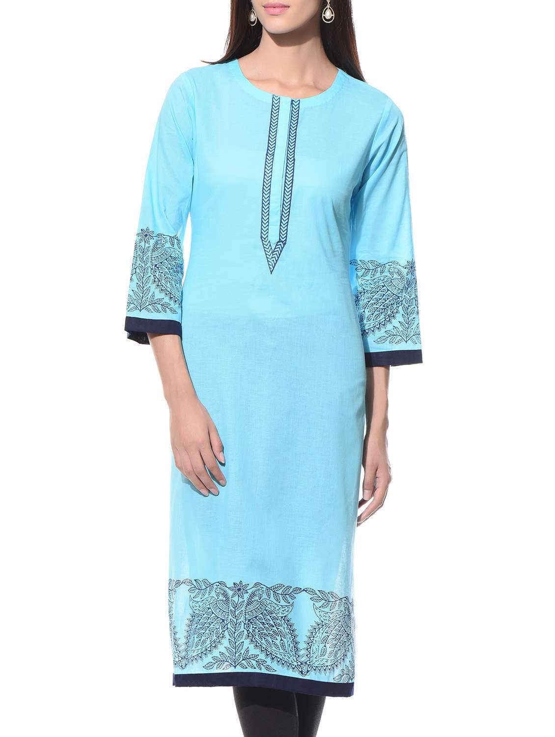 Turquoise printed round neck cotton kurta