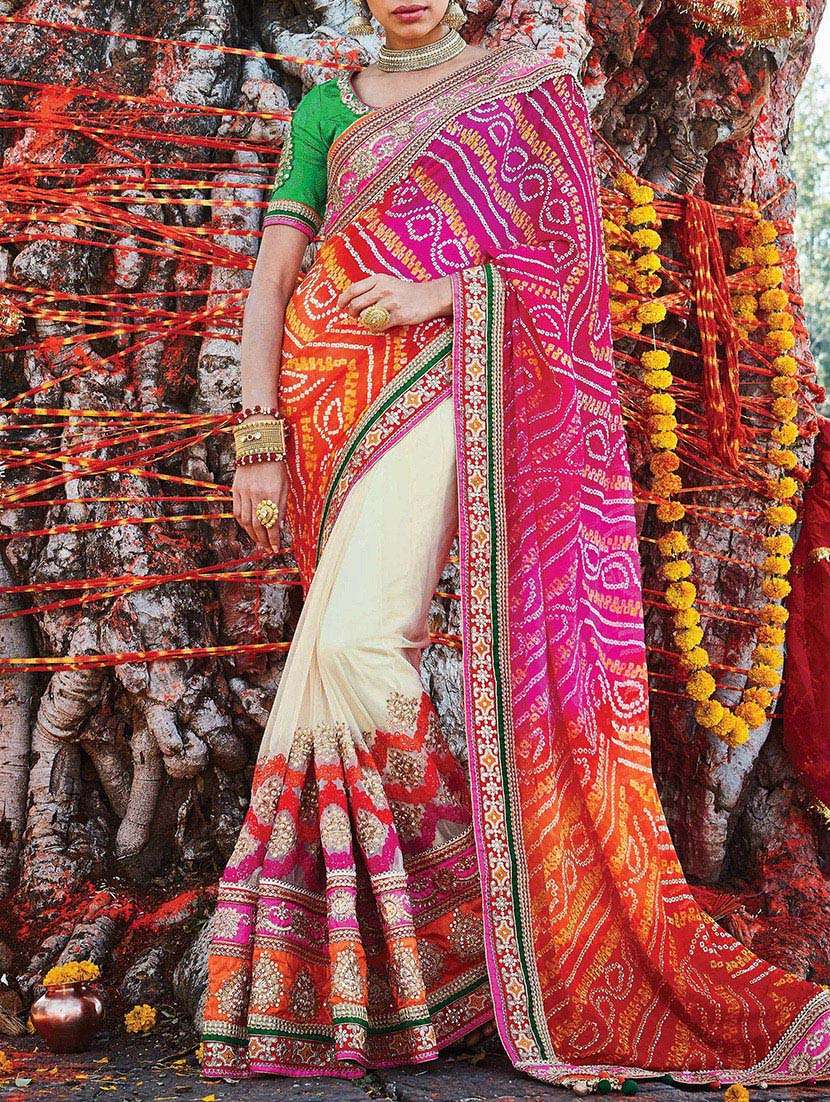 cream orange , pink chiffon with net saree