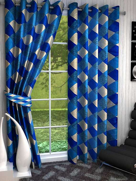 homefab india  check aqua blue set of 1 curtain