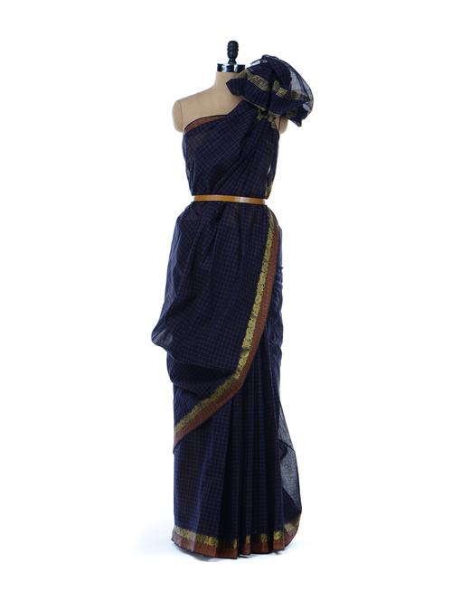 Navy Blue Check Print Saree - Platinum Sarees