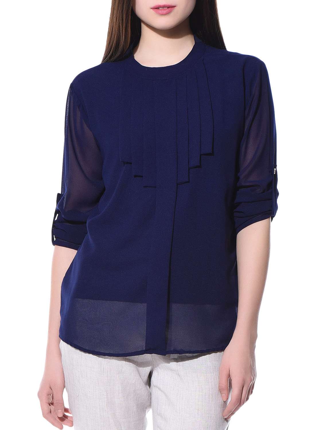 pleated poly georgette blue top