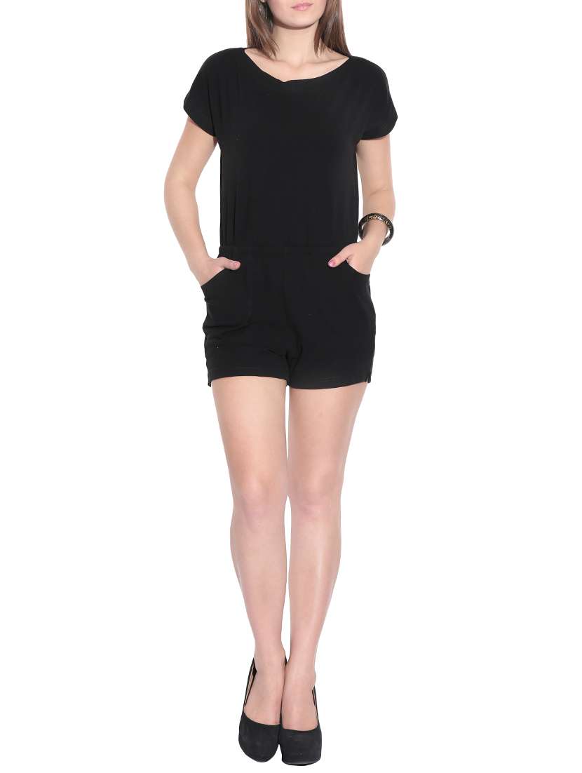 Black Cotton Lycra Boat Neck Romper