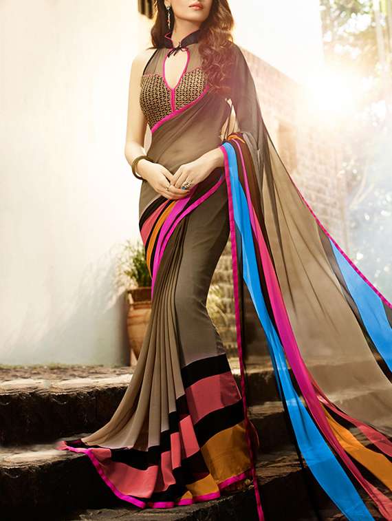 brown georgette striped saree