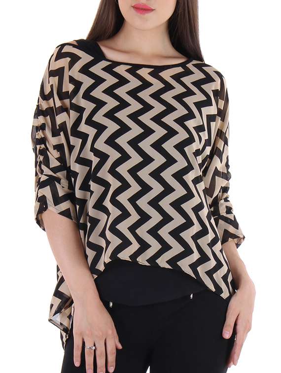 boat neck asymmetric chevron print top