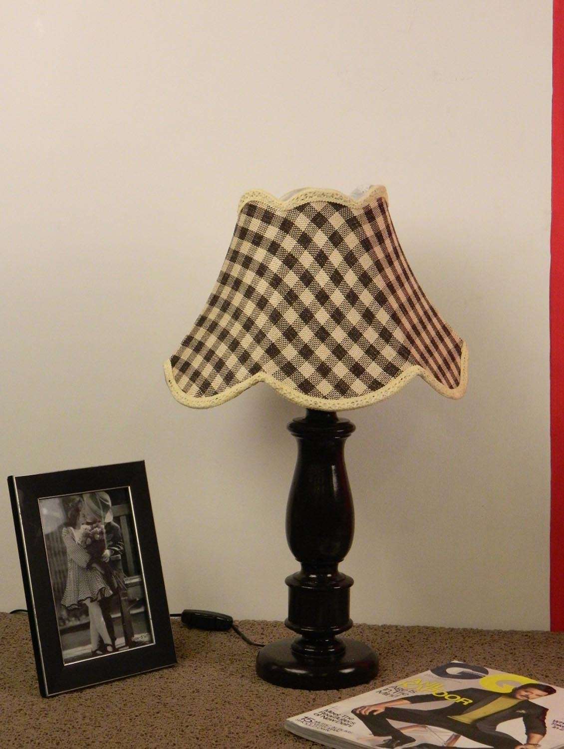 mango wood dark brown classic table lamp with jute shade-grey check
