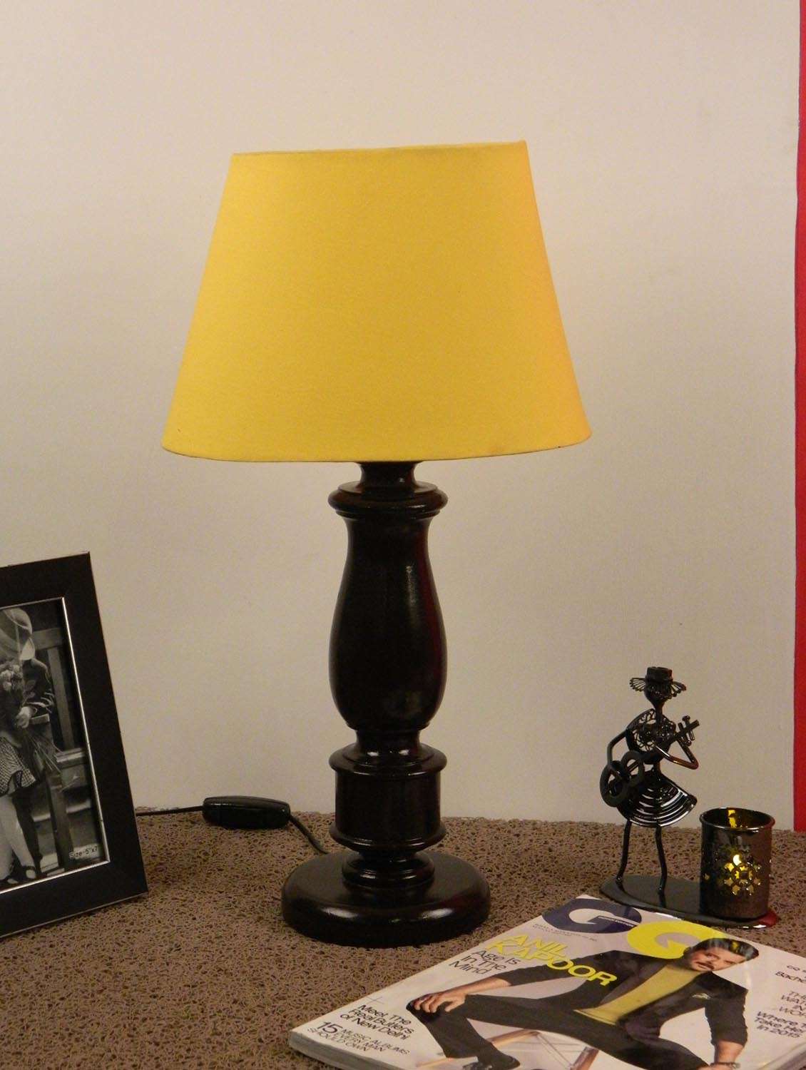 mango wood dark brown classic table lampwith oval shade-yellow