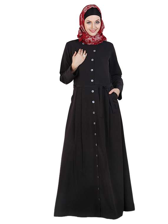 black polycrepe abaya with waist belt