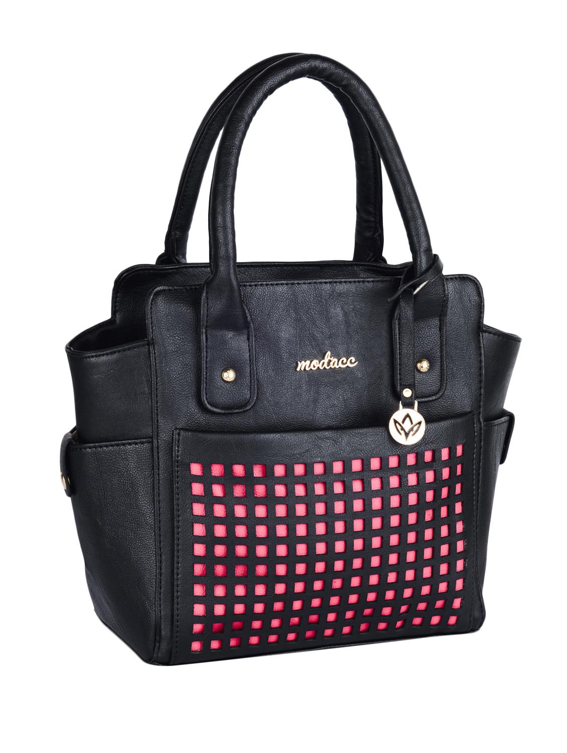 Cut Work Black Leatherette Handbag - Mod'acc